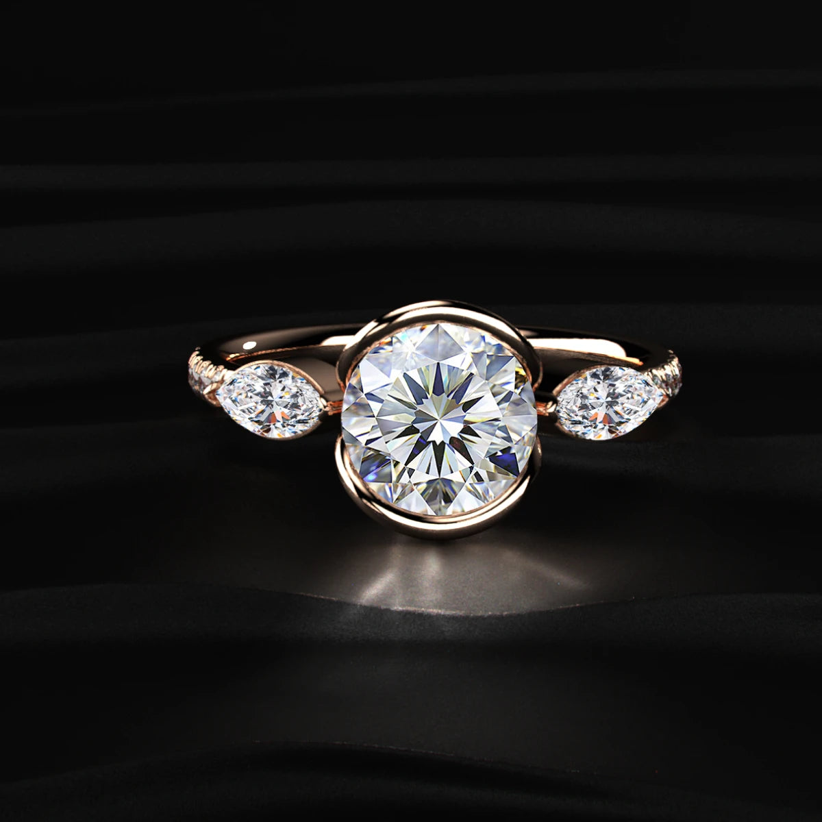 Round Half Bezel Solitaire Ring With Side Stones | Earthly Jewels