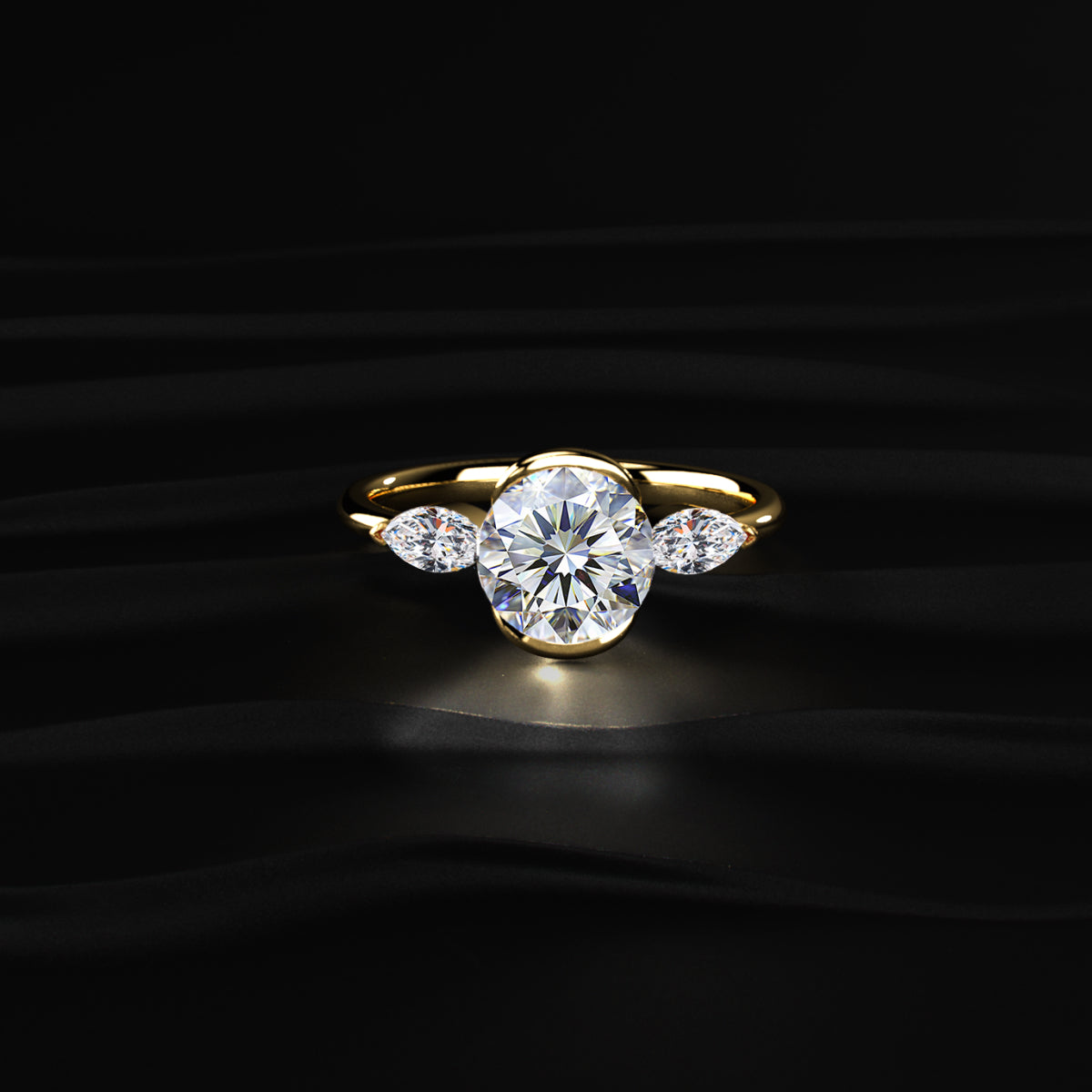 Round Half Bezel Triple Diamond Engagement Rings | Earthly Jewels