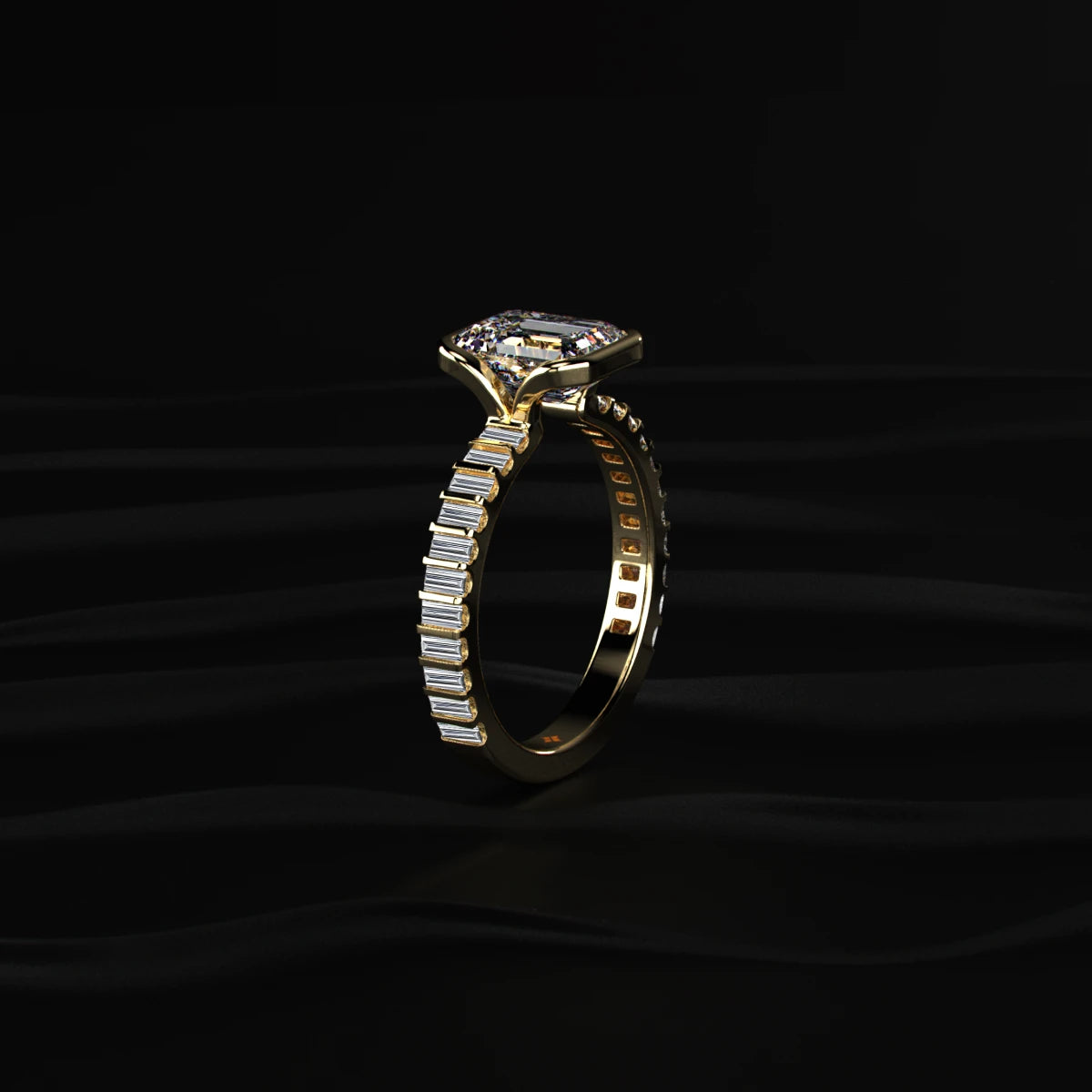 Emerald Half Bezel Ring With Bar Set Baguettes | Earthly Jewels