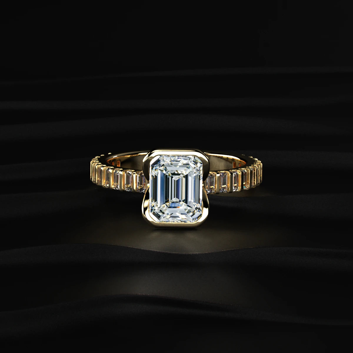 Emerald Half Bezel Ring With Bar Set Baguettes | Earthly Jewels