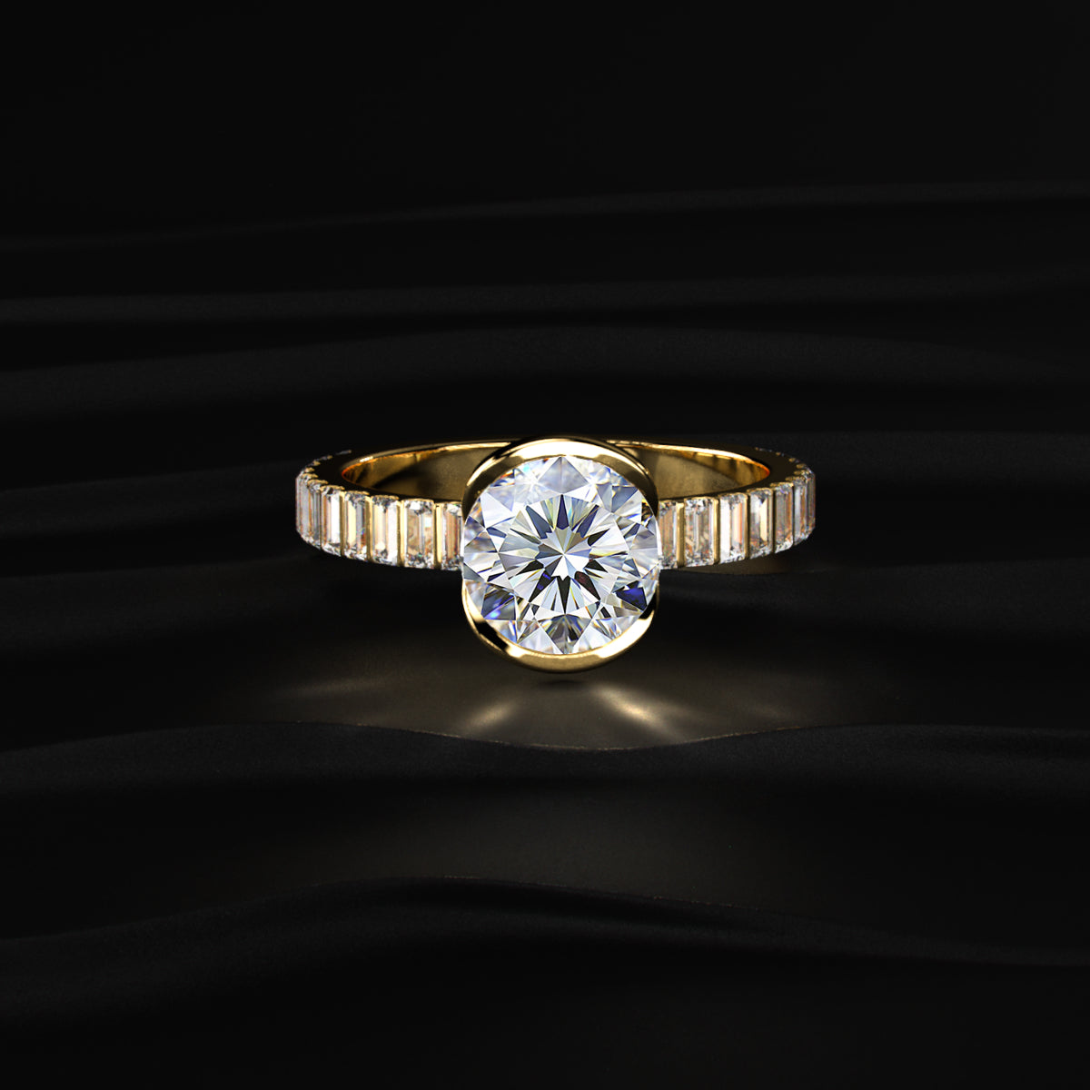 Round Half Bezel Ring With Bar Set Baguettes | Earthly Jewels