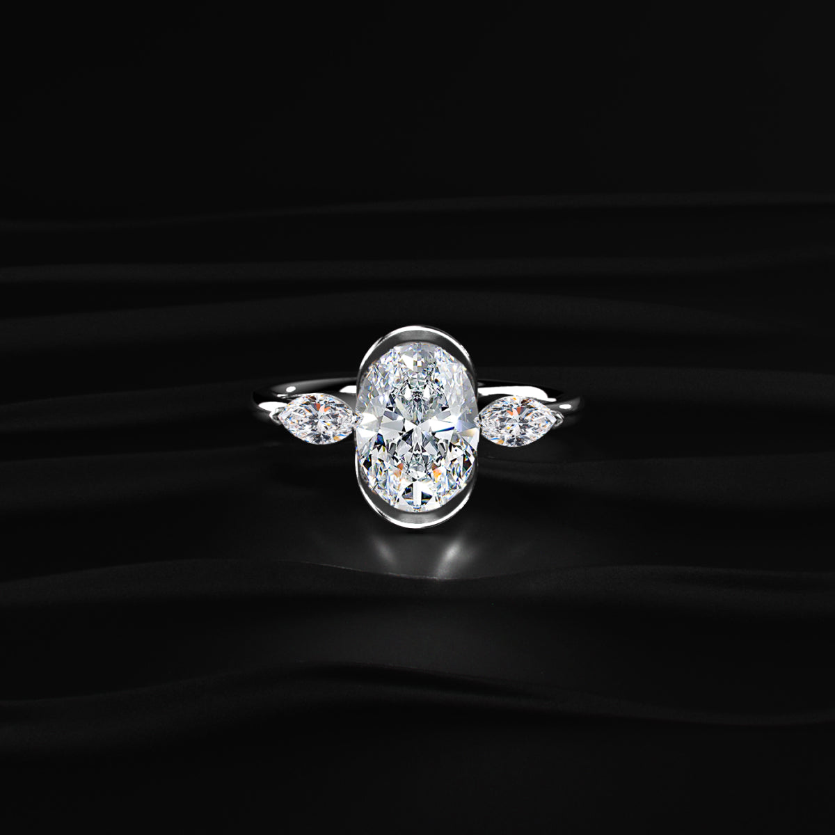 Oval Half Bezel Triple Diamond Engagement Ring