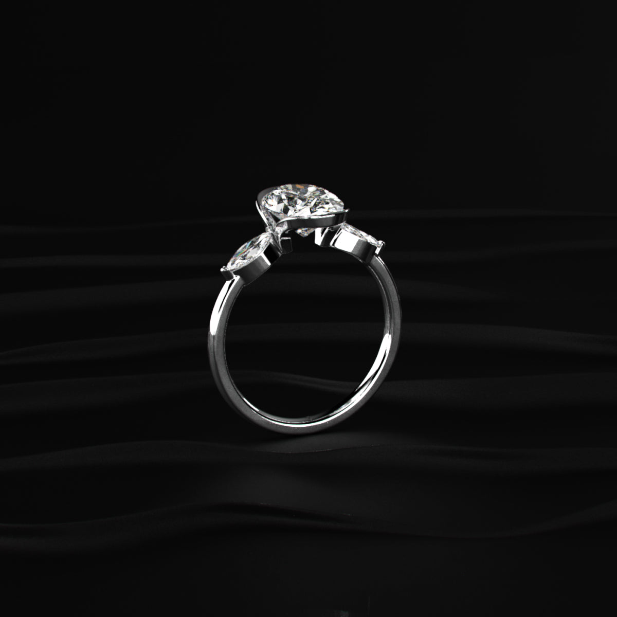 Oval Half Bezel Triple Diamond Engagement Ring