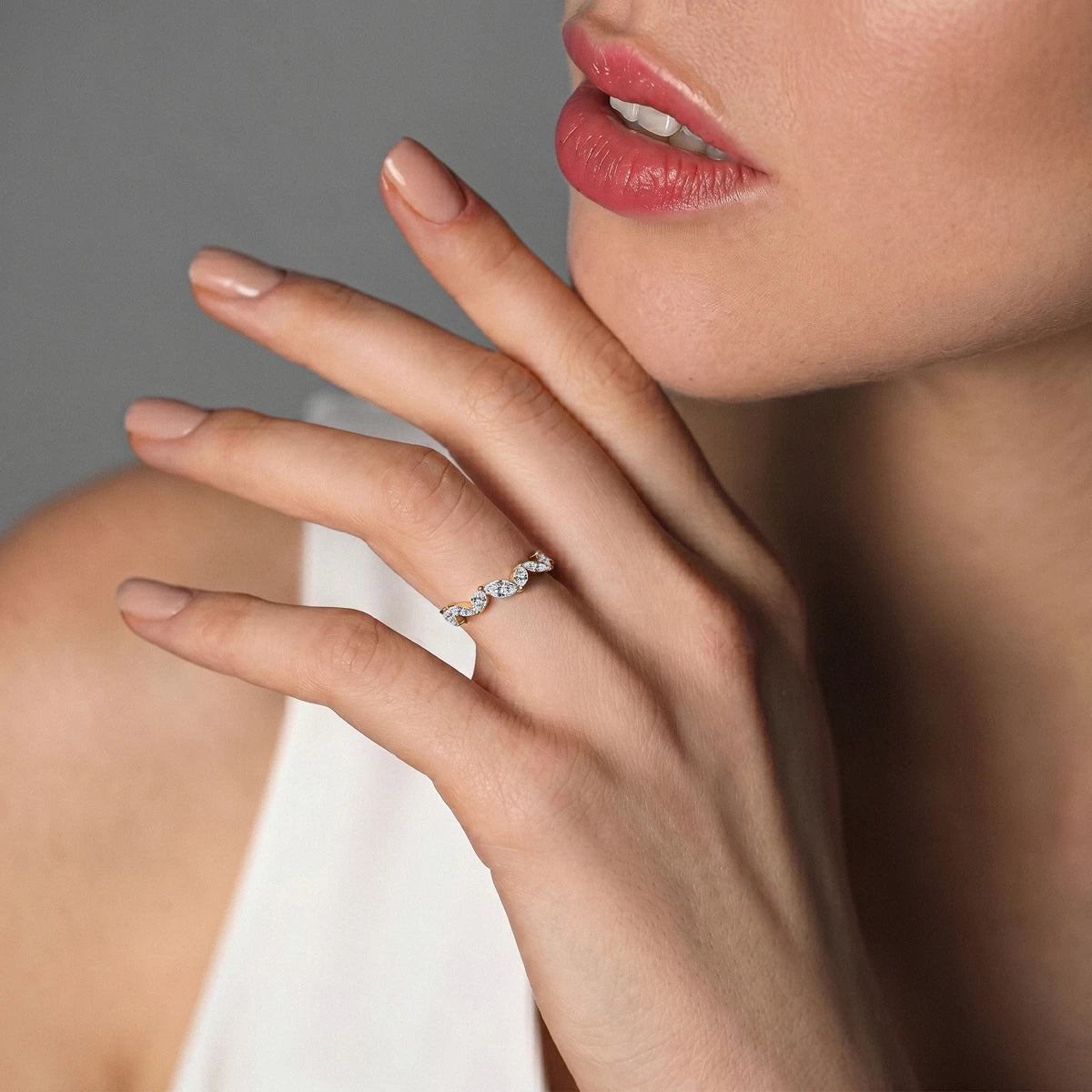 Marquise Zig Zag Half Eternity Band | Earthly Jewels | Model Image