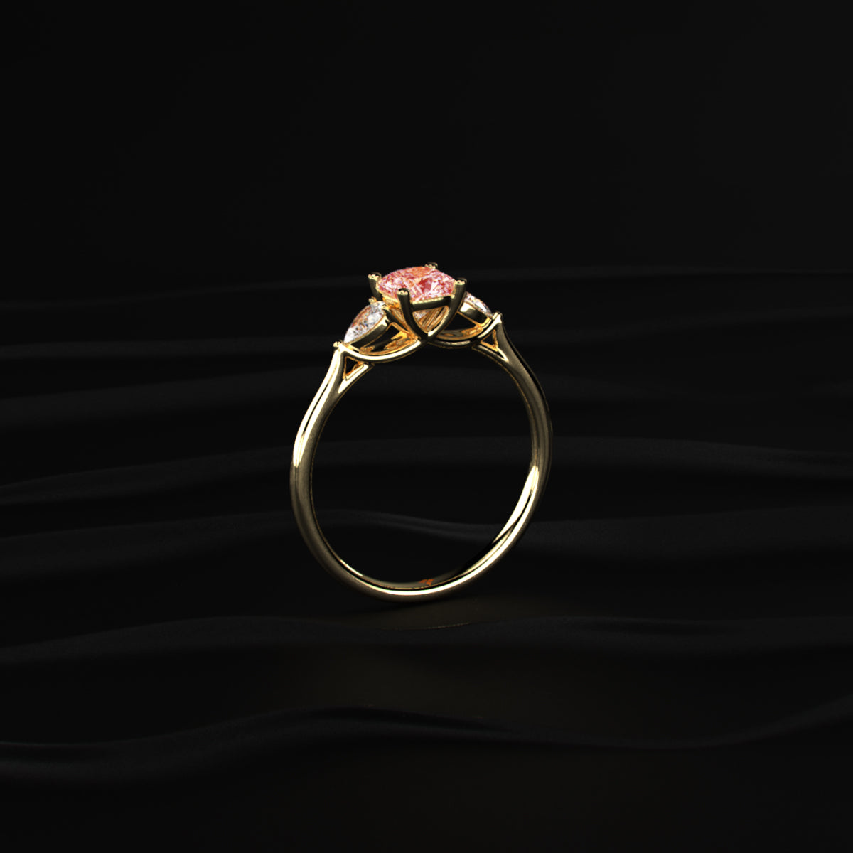 Pink Cushion Diamond With Side Pear Ring