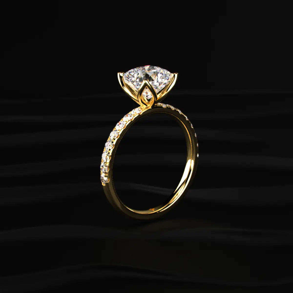 Cushion Solitaire Ring With Pave Floral Prong