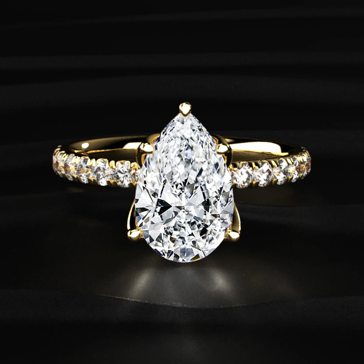 Pear Solitaire Ring With Pave Floral Prong | Earthly Jewels