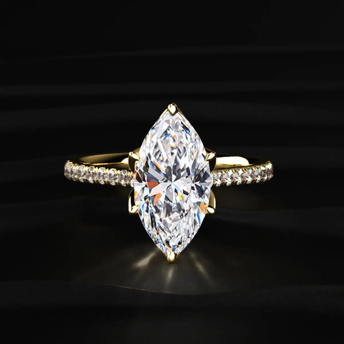 Marquise Solitaire Cathedral Ring With Pave Floral Prong