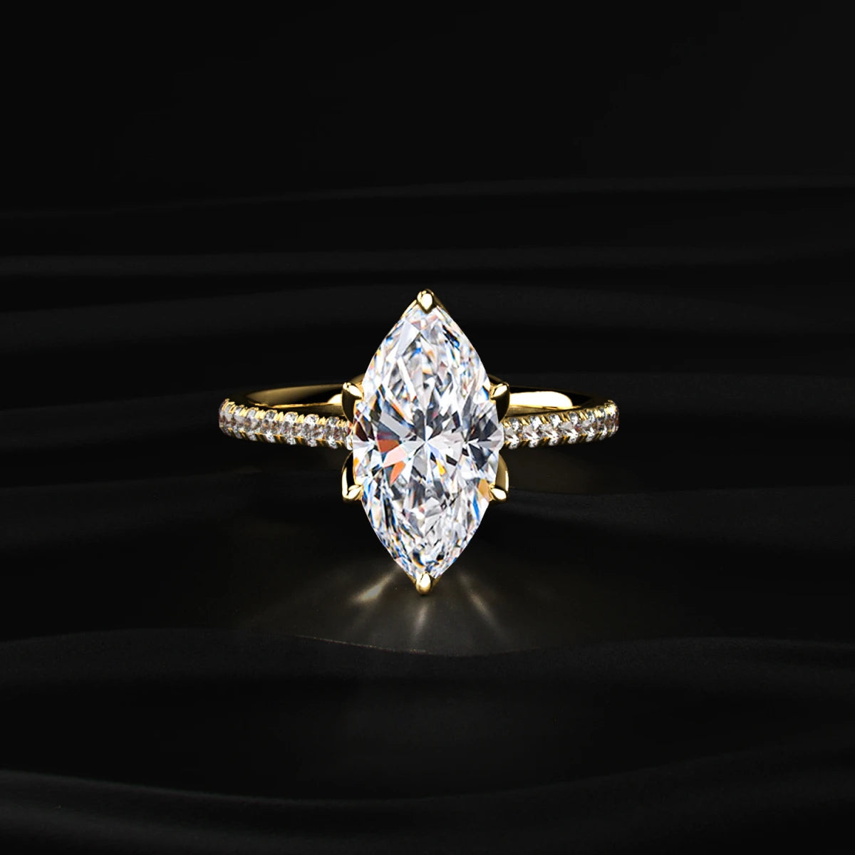 Marquise Solitaire Cathedral Ring With Pave Floral Prong | Earthly Jewels