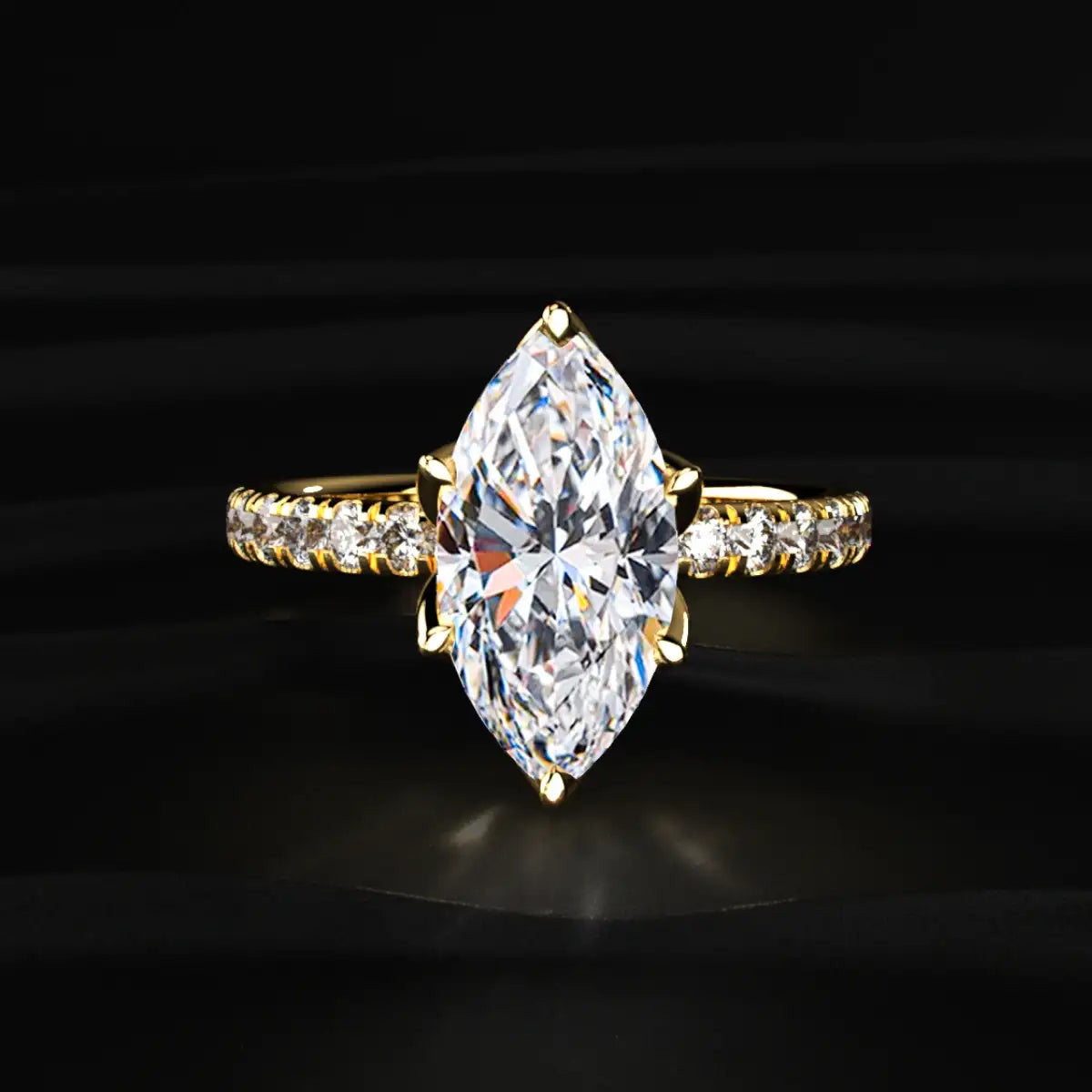 Marquise Cut Solitaire Floral Ring With Pave Band | Earthly Jewels