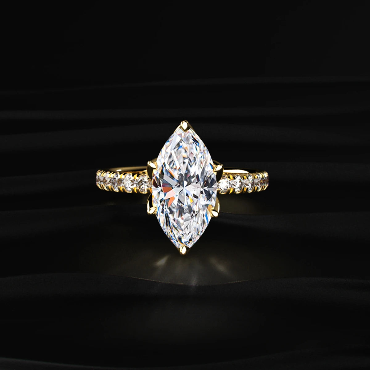 Marquise Cut Solitaire Floral Ring With Pave Band | Earthly Jewels
