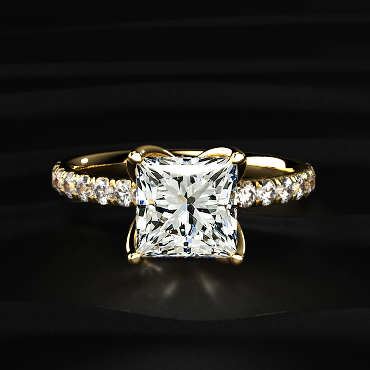 Princess Cut Solitaire Floral Ring With Pave Band | Earthly Jewels
