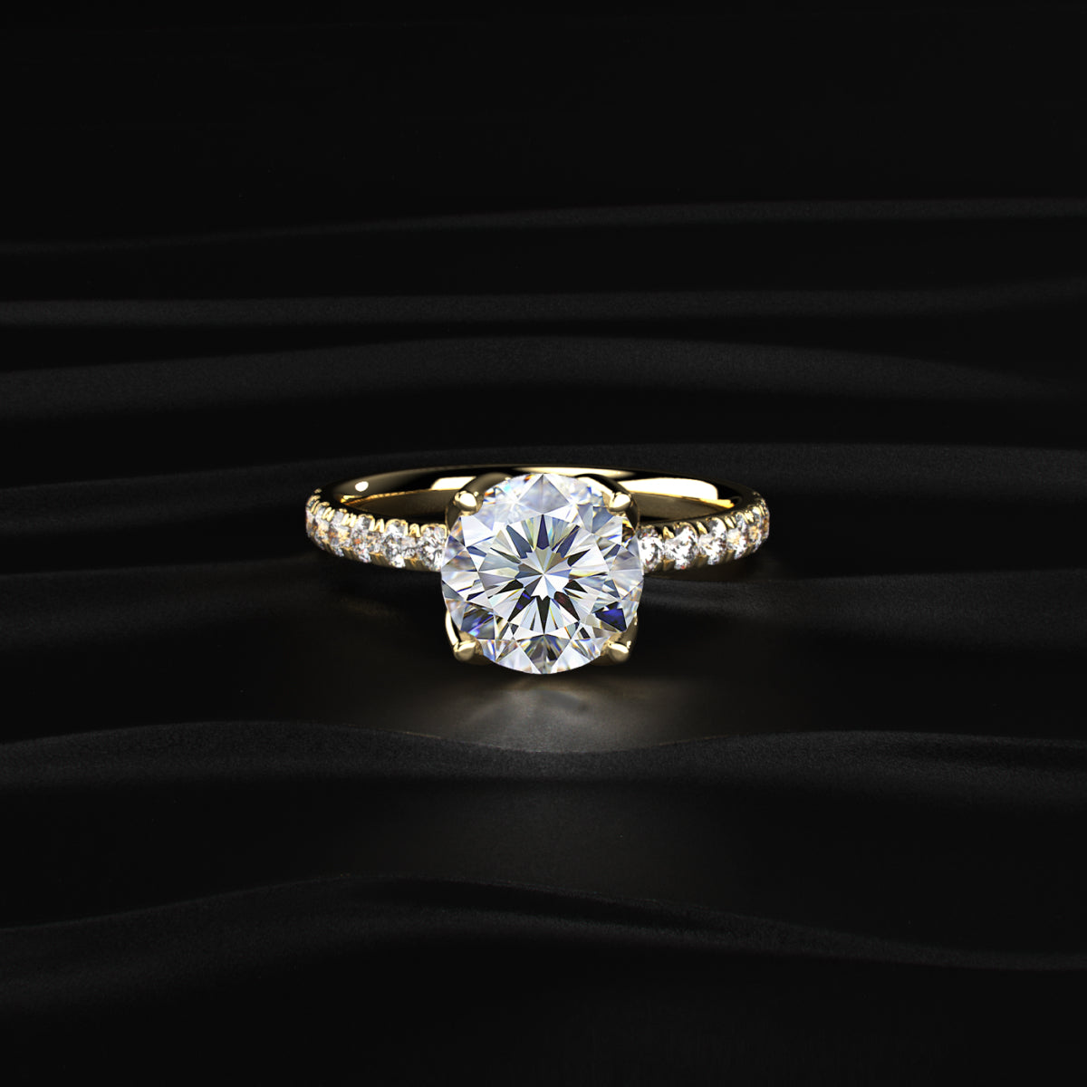 Round Solitaire Shape Floral Ring With Pave Band