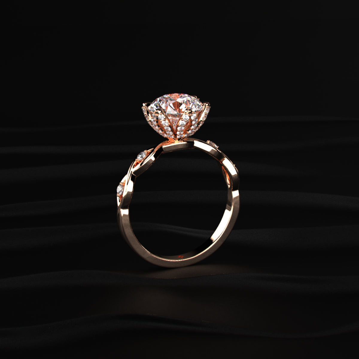 Round Solitaire Floral Pave Prongs Ring With Twisted Shank | Earthly Jewels