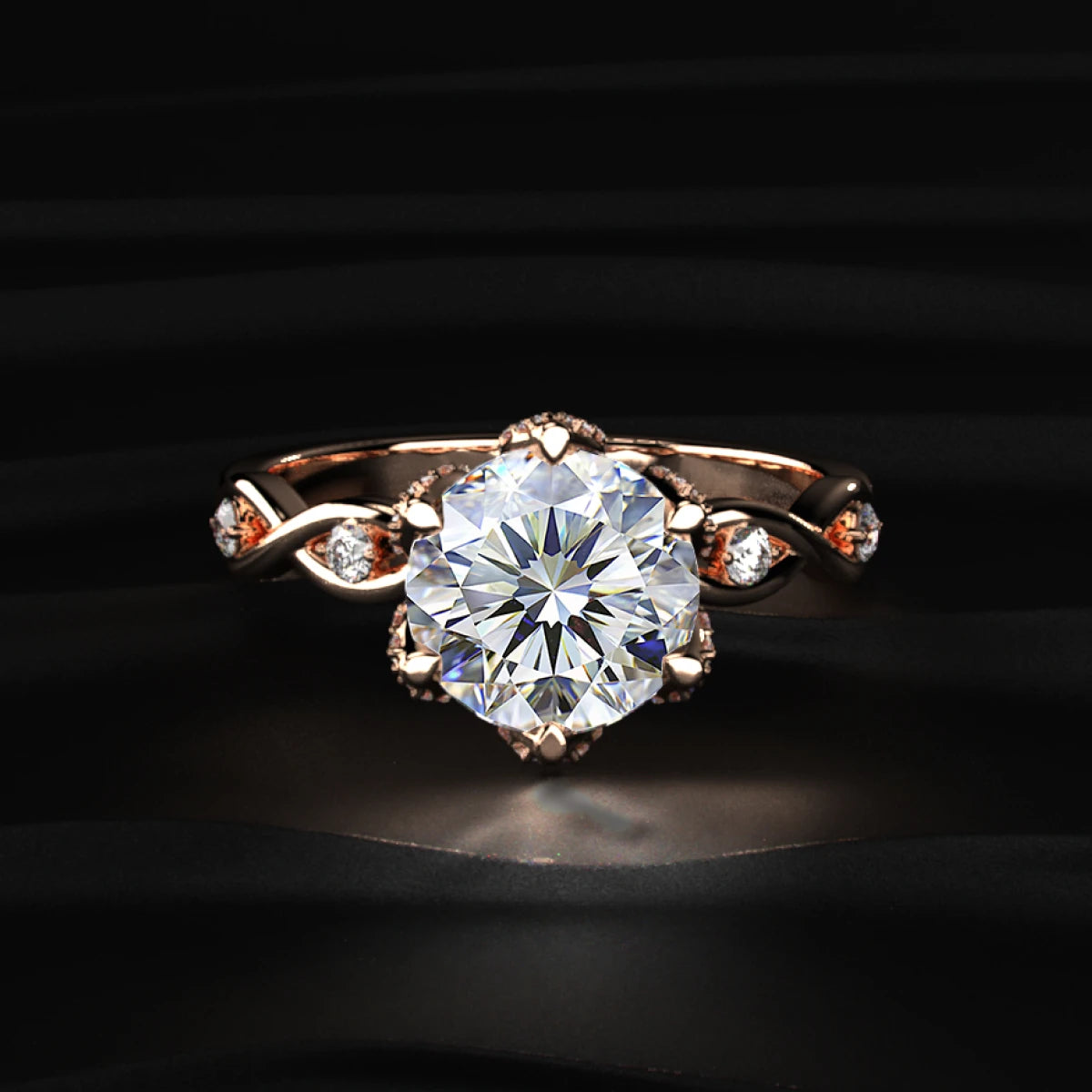Round Solitaire Floral Pave Prongs Ring With Twisted Shank | Earthly Jewels