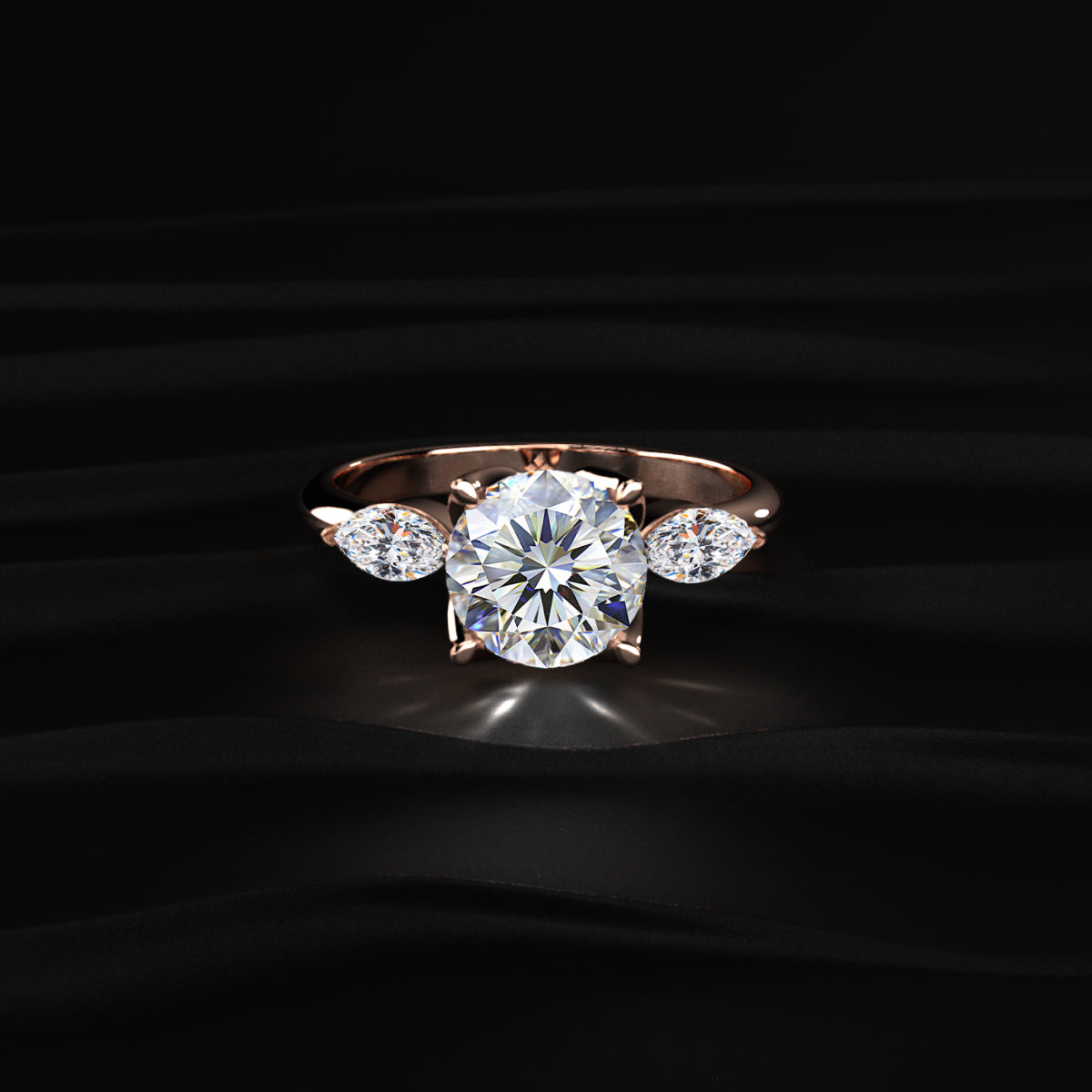 Round Floral Solitaire Ring With Side Marquise Stone