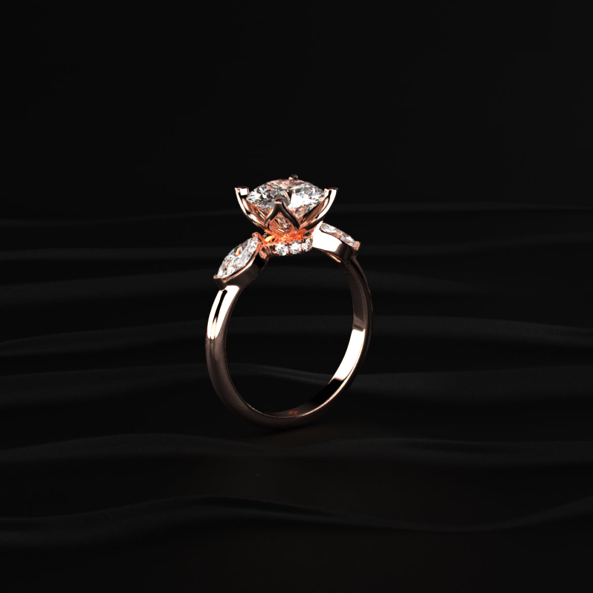 Round Floral Solitaire Ring With Side Marquise Stone | Earthly Jewels