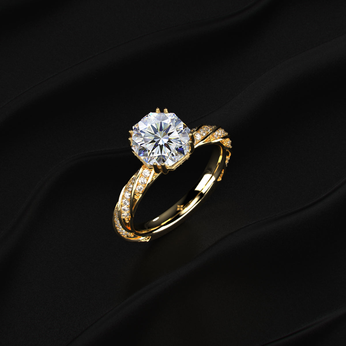 Octagon Diamond Solitaire Ring With Twisted Pave Band | Earthly Jewels