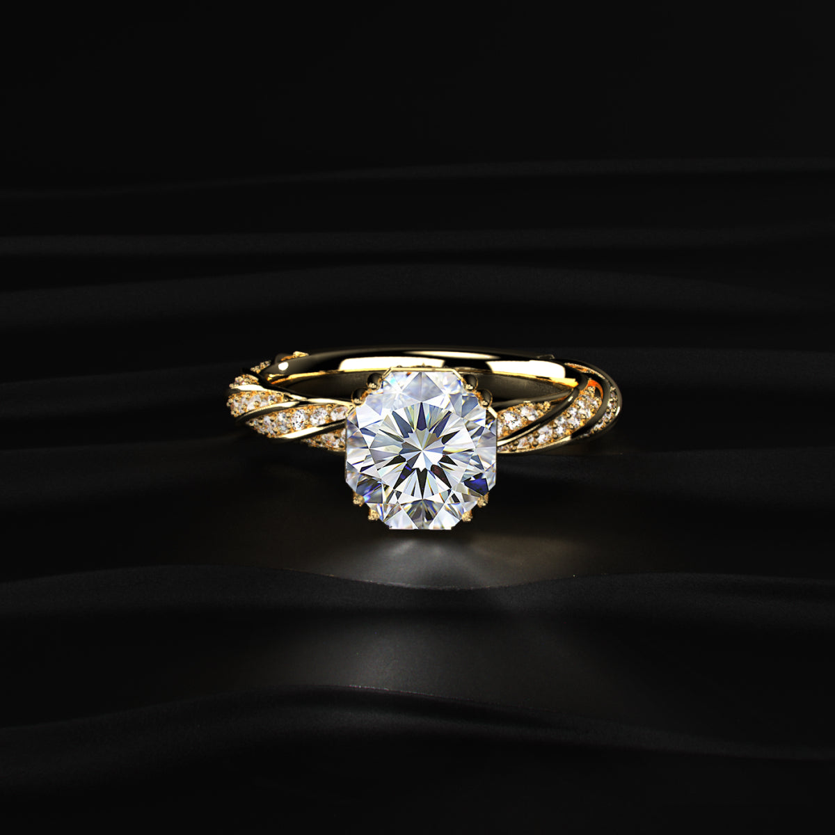 Octagon Diamond Solitaire Ring With Twisted Pave Band | Earthly Jewels
