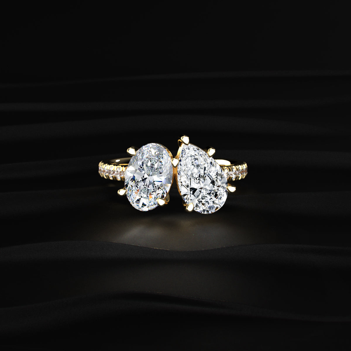 Oval And Pear Toi-Et-Moi Ring With Pave Band