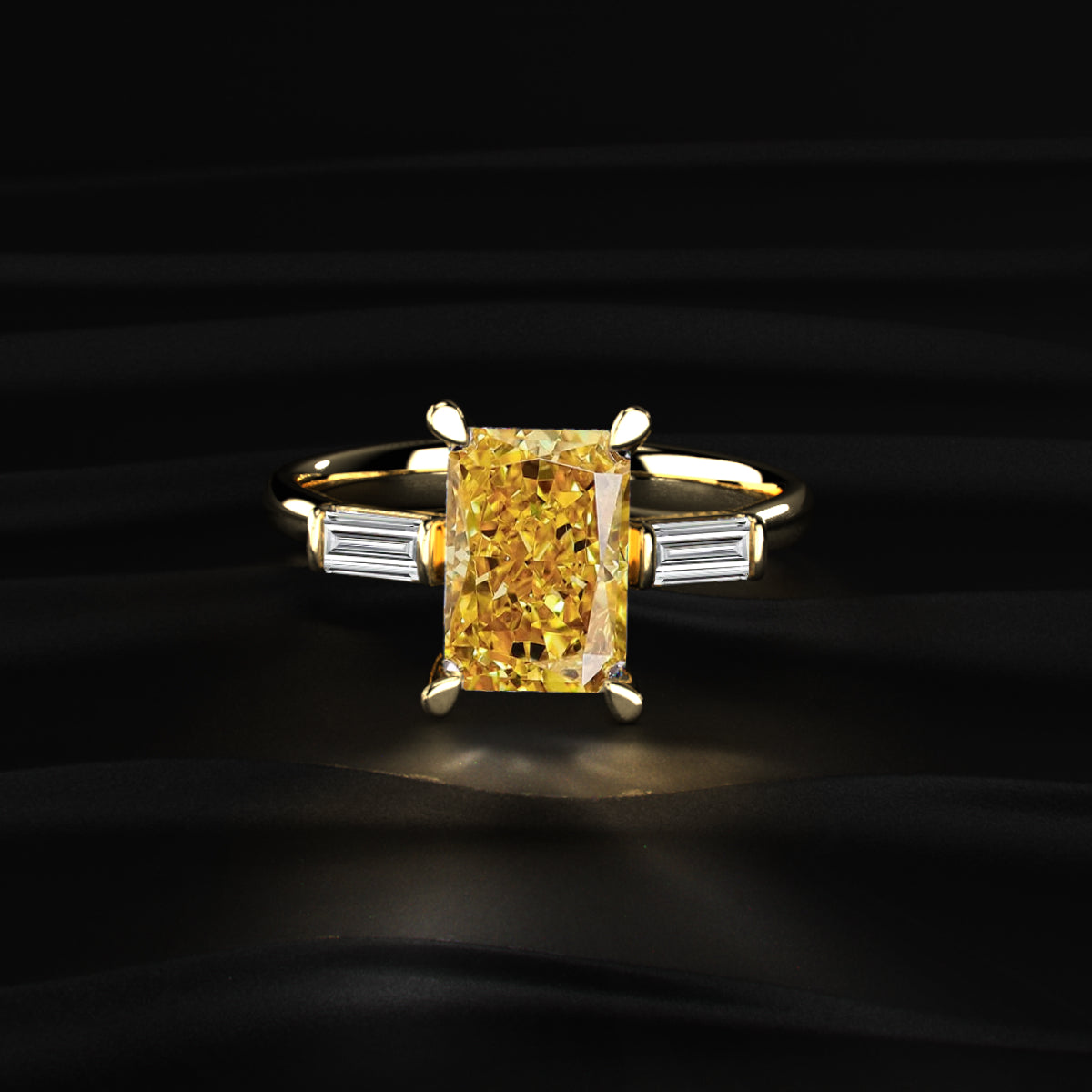 Yellow Radiant Solitaire Engagement Ring With Tapered Baguette | Earthly Jewels