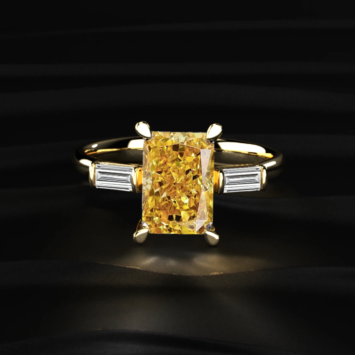 Yellow Radiant Solitaire Engagement Ring With Tapered Baguette | Earthly Jewels