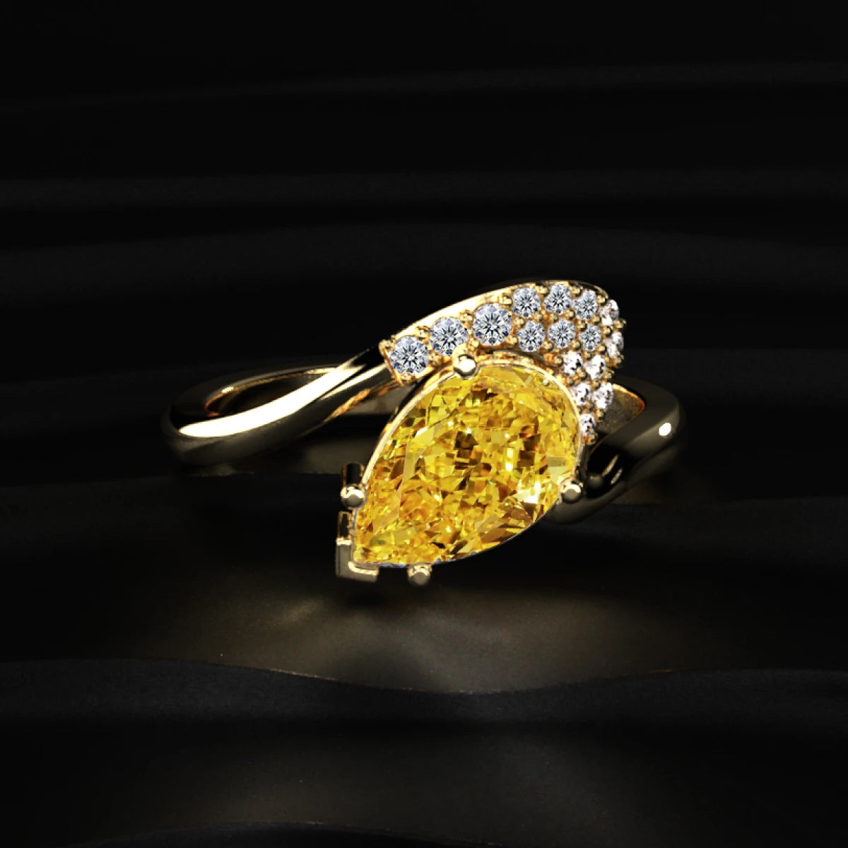 Yellow Pear Shaped Engagement Ring Wave Band | Earthly Jewels