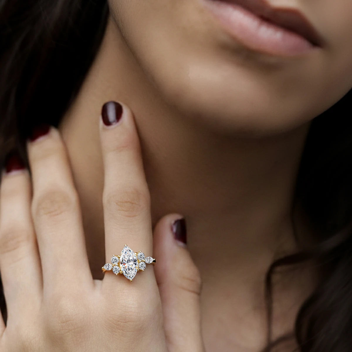 Marquise Diamond Engagement Ring With Accents | Earthly Jewels | Model image