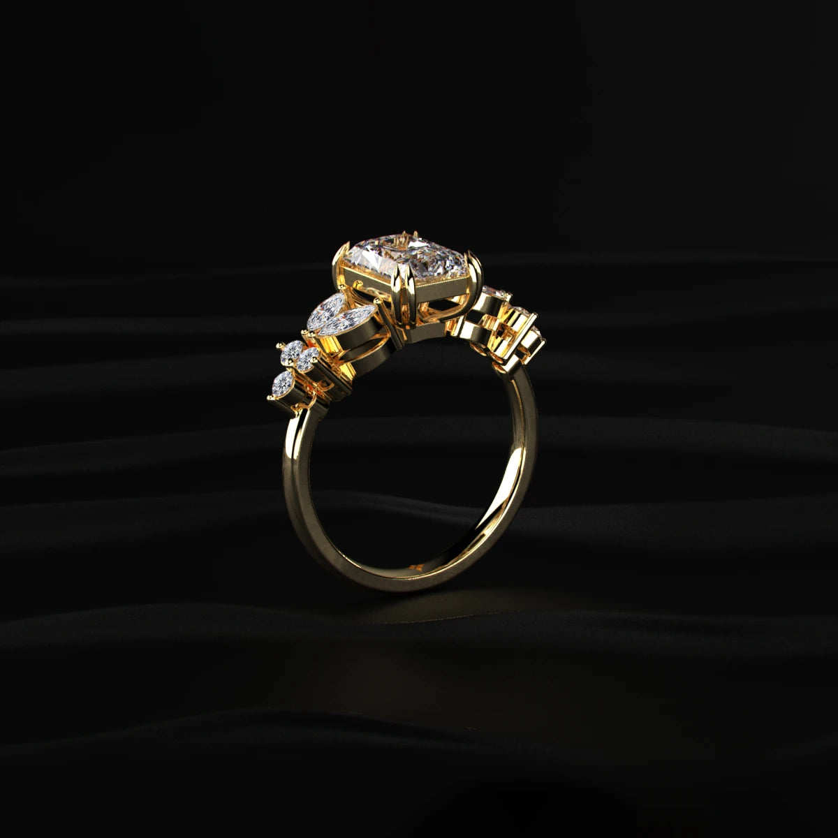 Emerald Cut Diamond Ring With Floral Pave