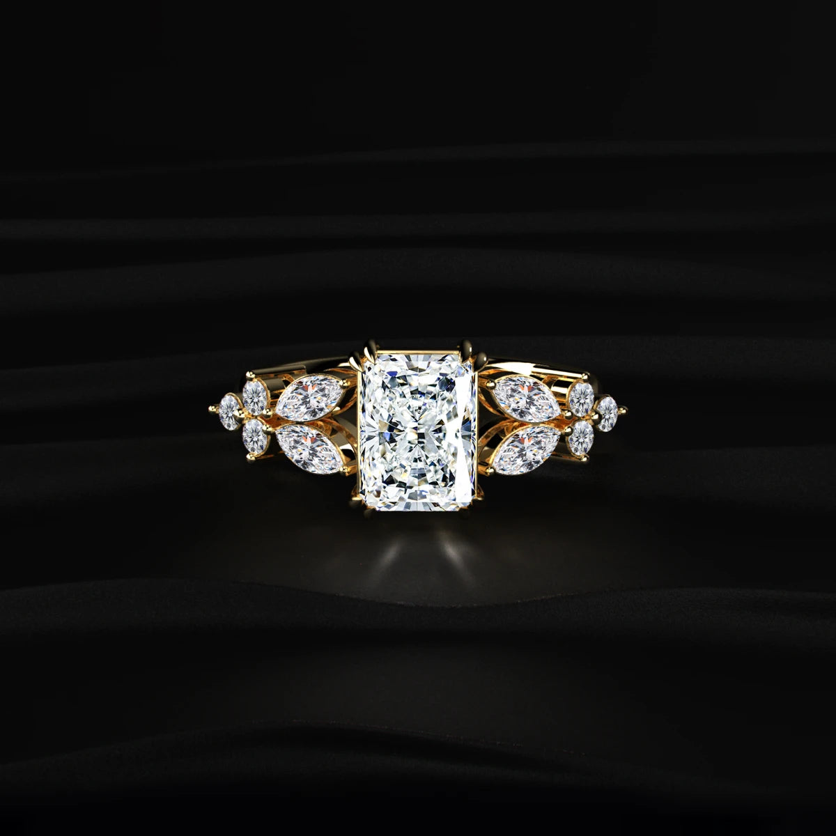 Emerald Cut Diamond Ring With Floral Pave