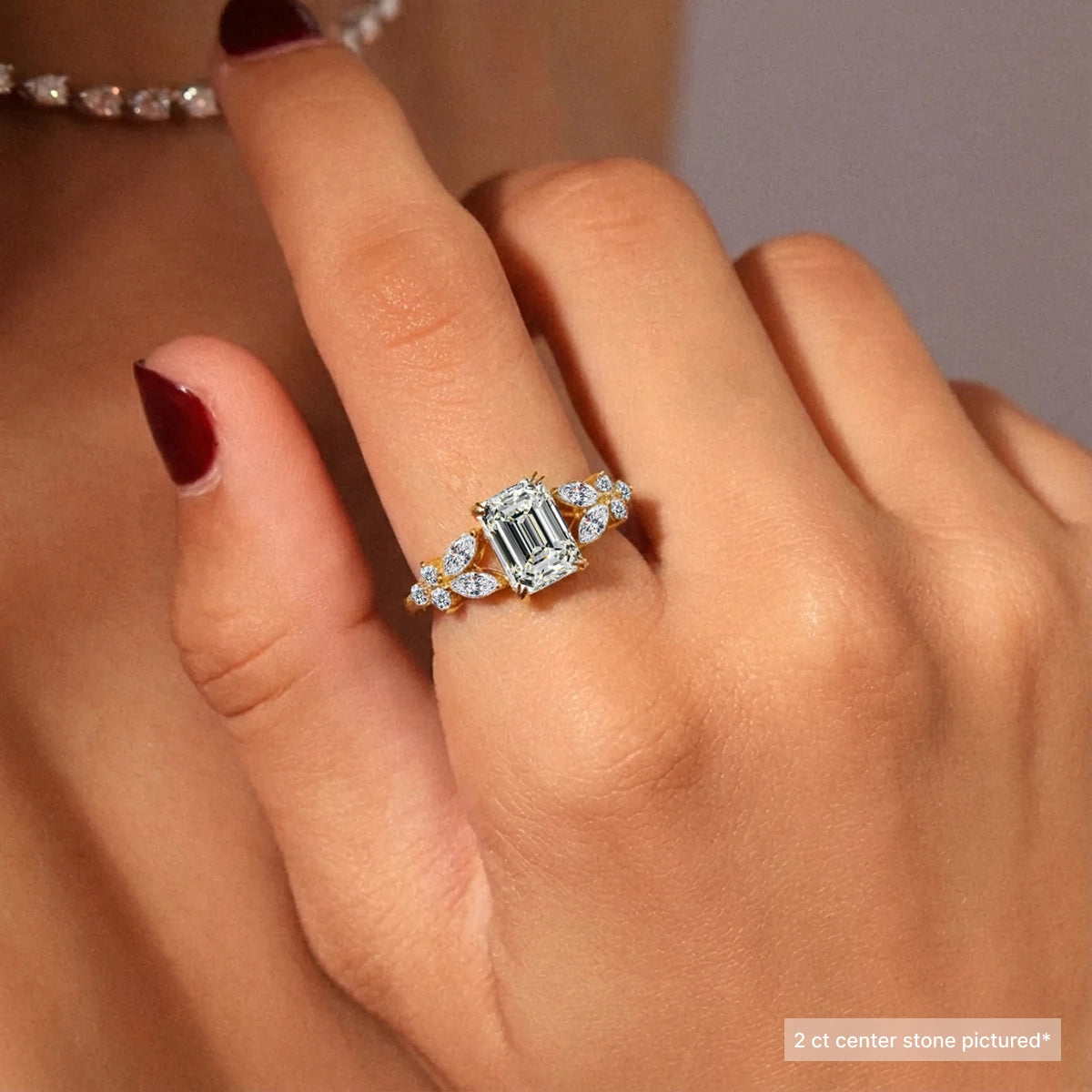 Emerald Cut Diamond Ring With Floral Pave | Earthly Jewels