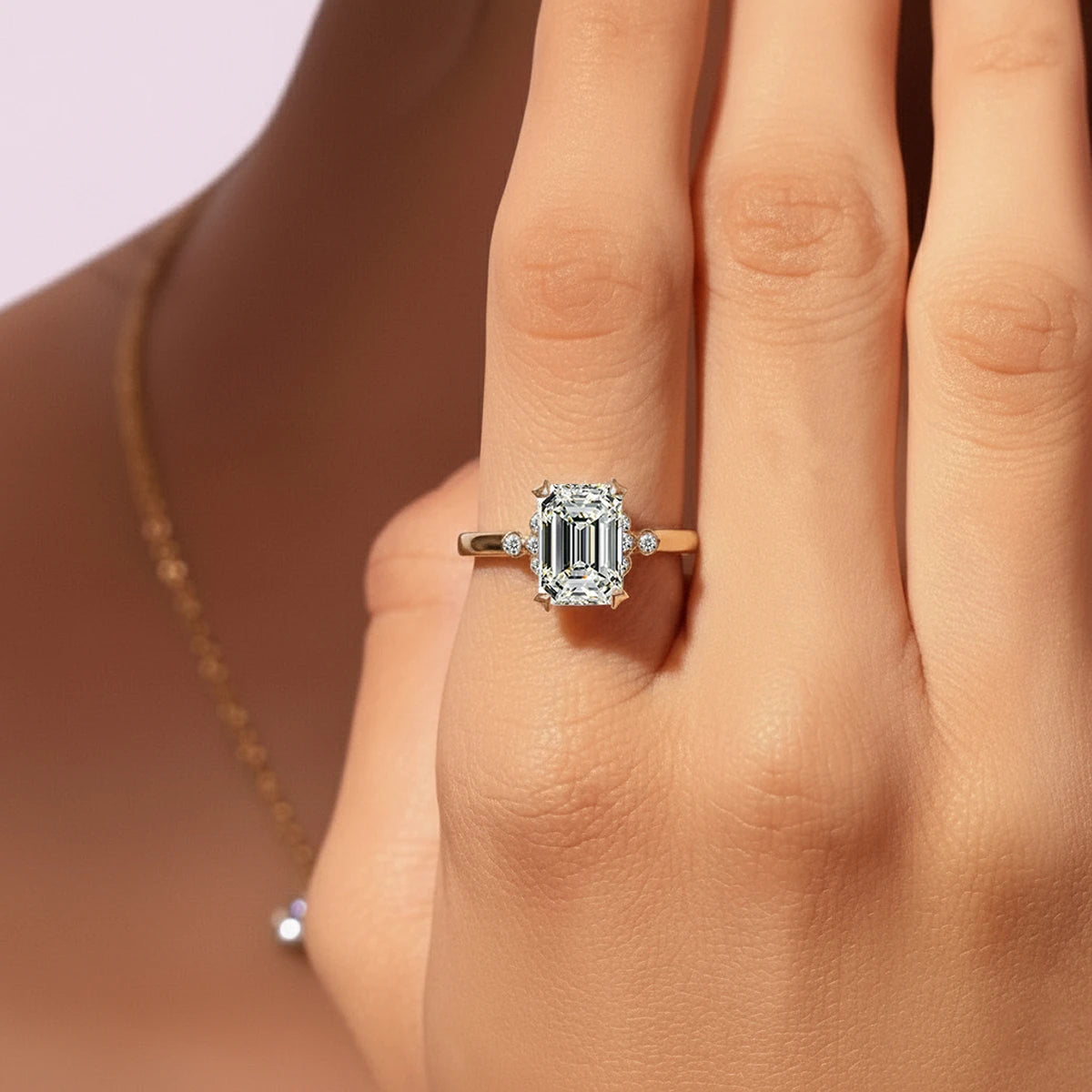 Emerald Cut Diamond Ring With Side Stones | Earthly Jewels | Model image