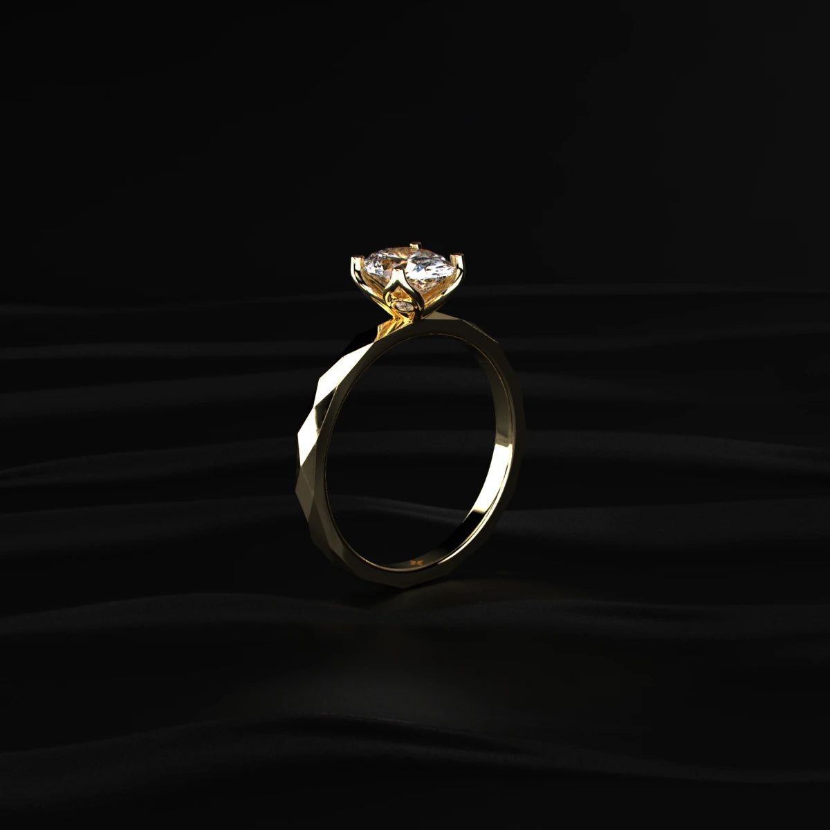 Oval Solitaire Ring With Floral Multi-Faceted Geometric Band | Earthly Jewels