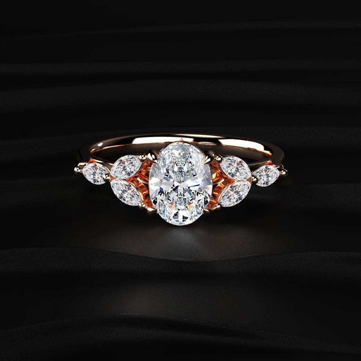 Oval Cut Diamond Ring with Marquise Side Stones | Earthly Jewels