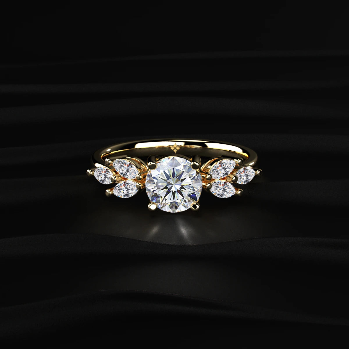 Round Diamond Solitaire Ring with Marquise Side Stones