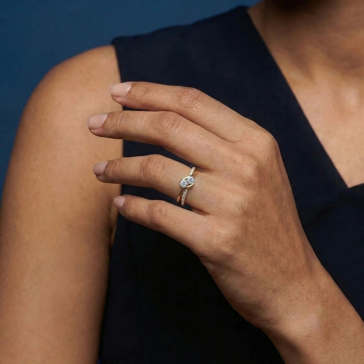 Round Diamond Toi et Moi Infinity Bypass Ring | Earthly Jewels | Hand Image