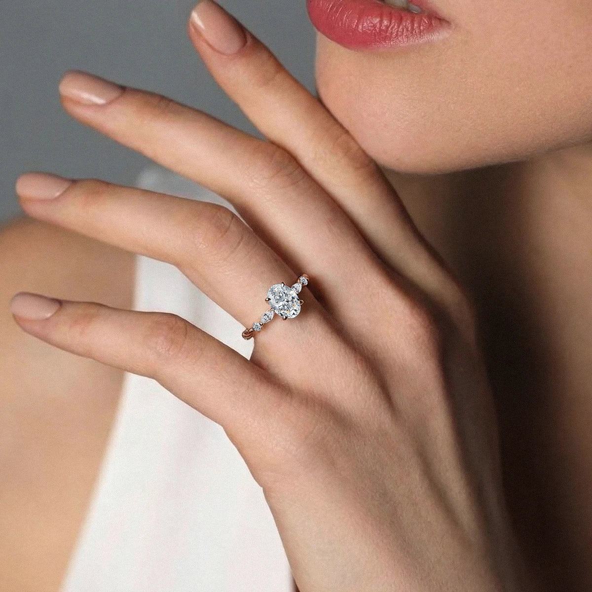 Oval Diamond Ring with Diamond Accents | Earthly Jewels | Model View