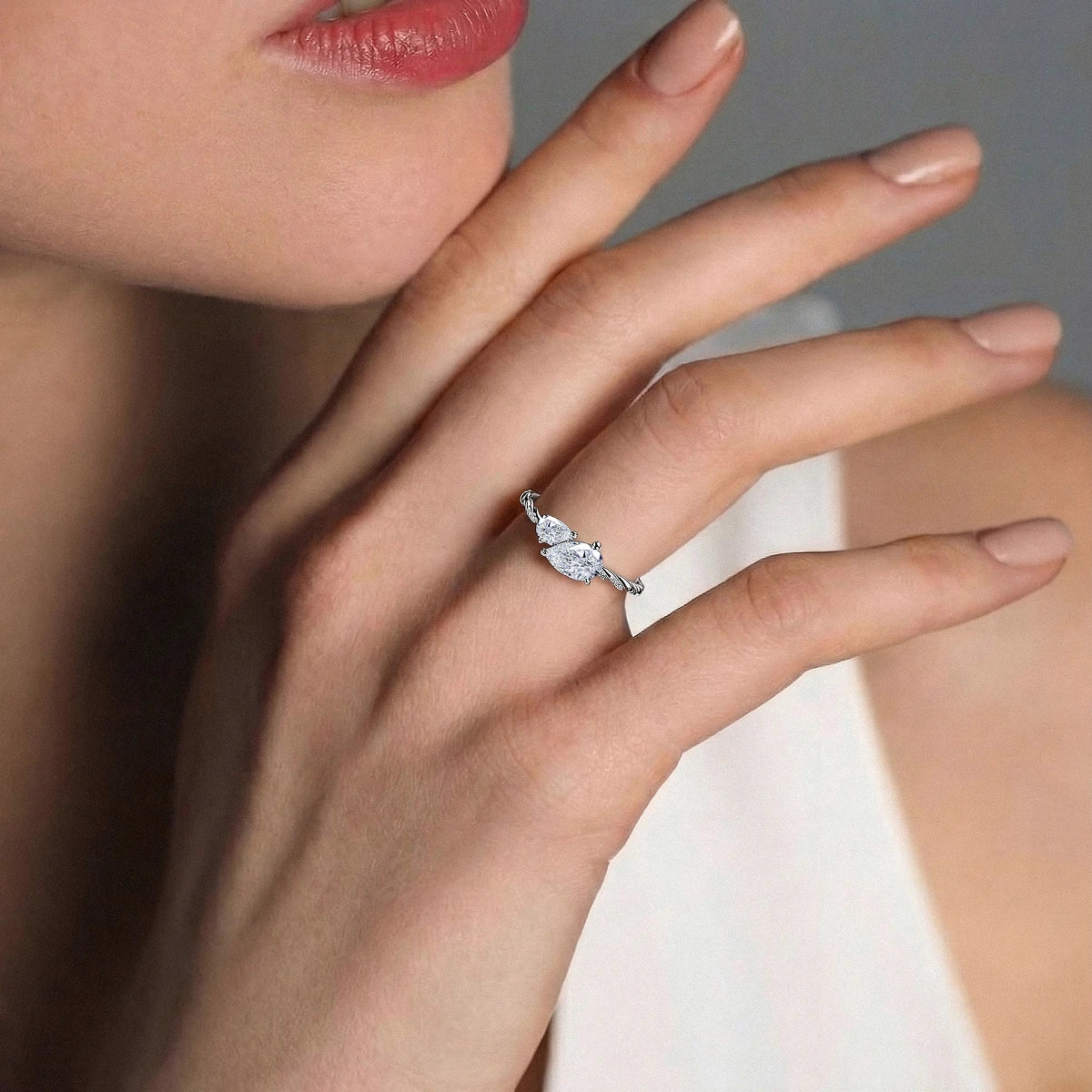 Double Pear Diamond Toi et Moi Twisted Ring | Earthly Jewels | Model Image