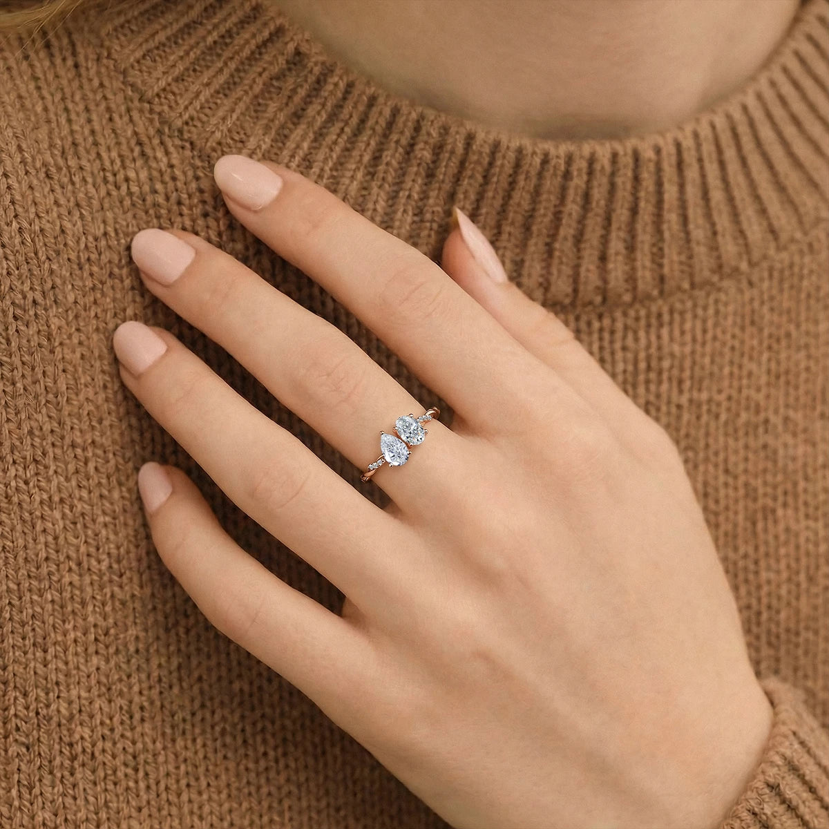 Oval and Pear Diamond Toi et Moi Ring | Earthly Jewels | Model image