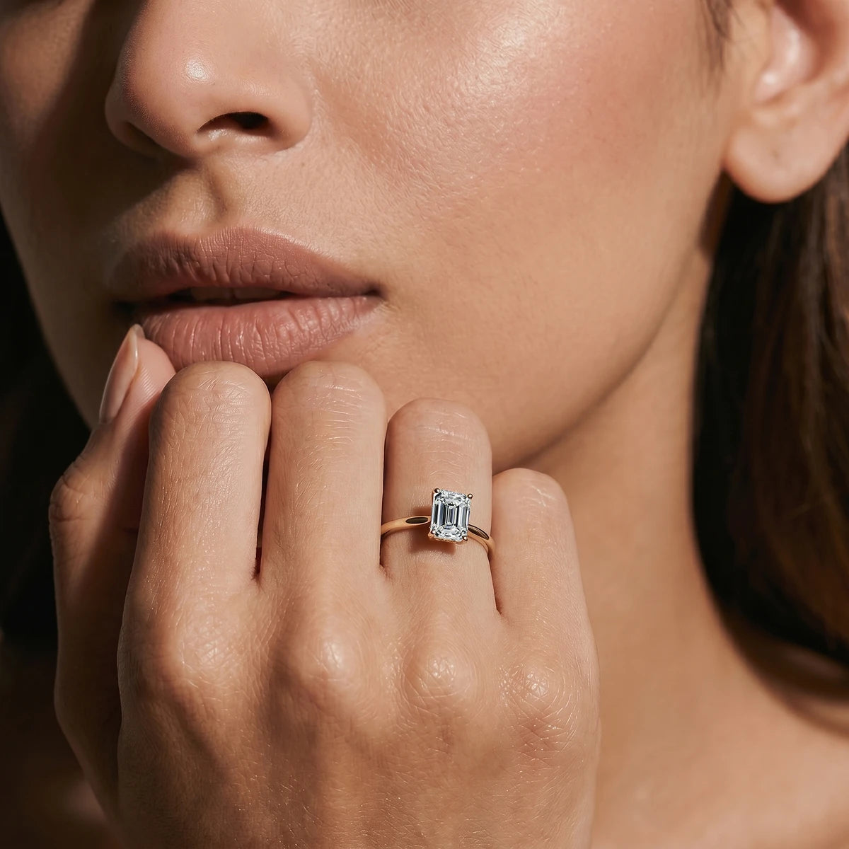 Emerald Cut Diamond Engagement Ring | Earthly Jewels | Model Image