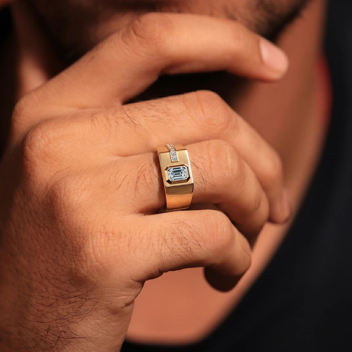Emerald Cut Diamond Ring for Men | Earthly Jewels | Model Image