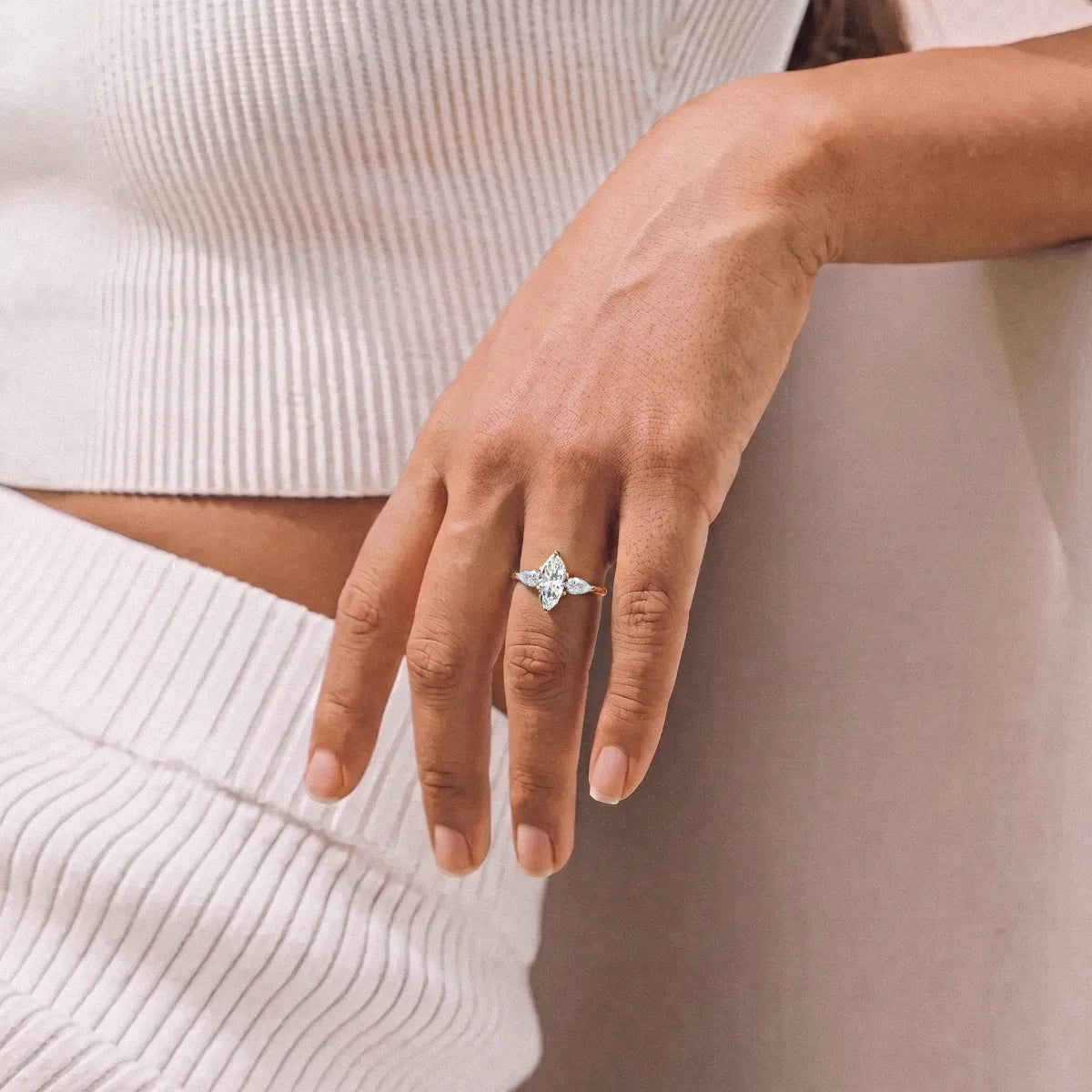 Marquise Diamond Ring with Pear Side Stones | Earthly Jewels | Model Image