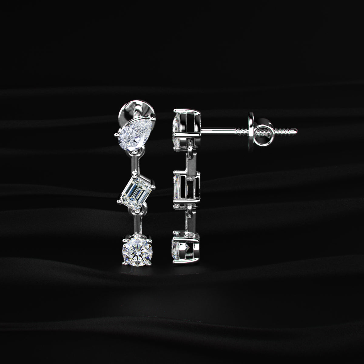 Three Stone Multi Shape Diamond Drop Earrings | Earthly Jewels