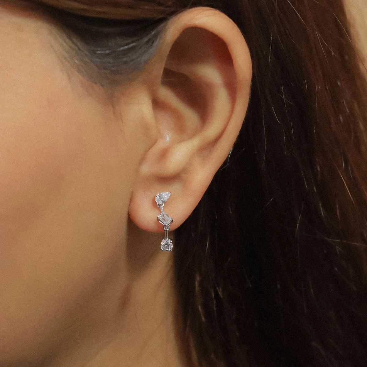 Three Stone Multi Shape Diamond Drop Earrings | Earthly jewels
