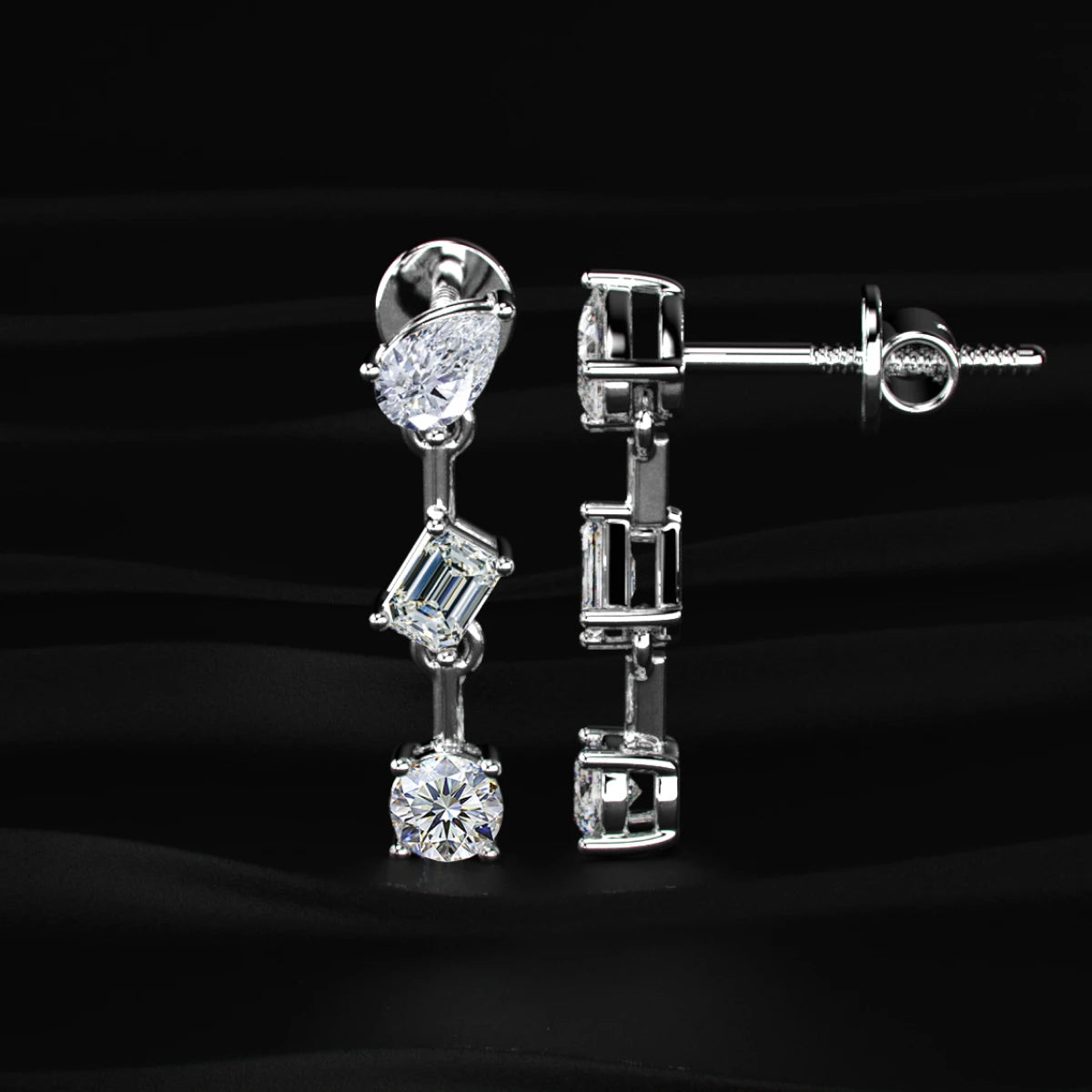 Three Stone Multi Shape Diamond Drop Earrings | Earthly Jewels