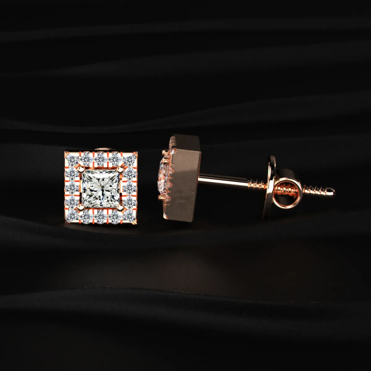 Princess Cut Halo Diamond Earrings | Earthly Jewels