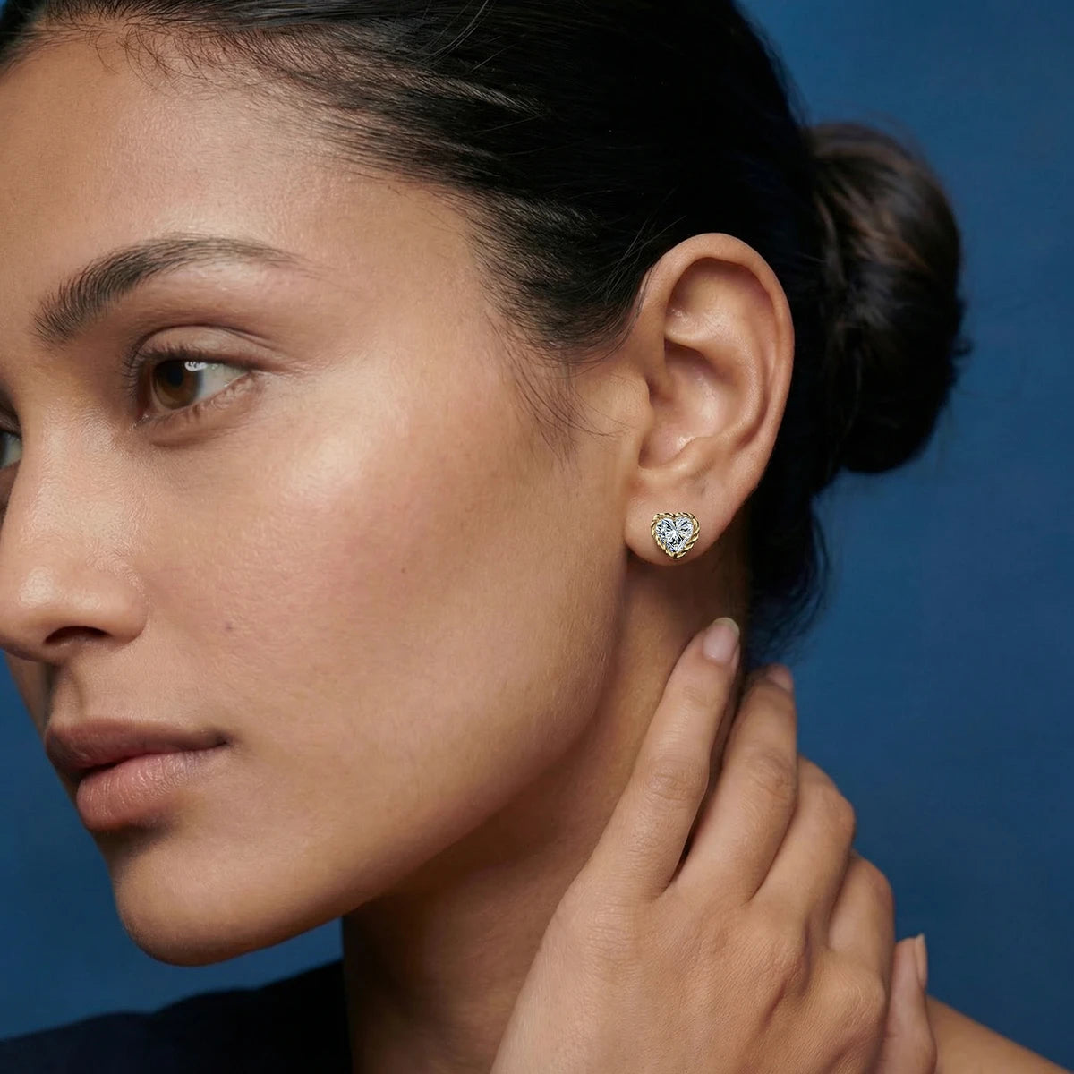 Heart Shape Diamond Stud Earrings | Earthly Jewels | Model Image