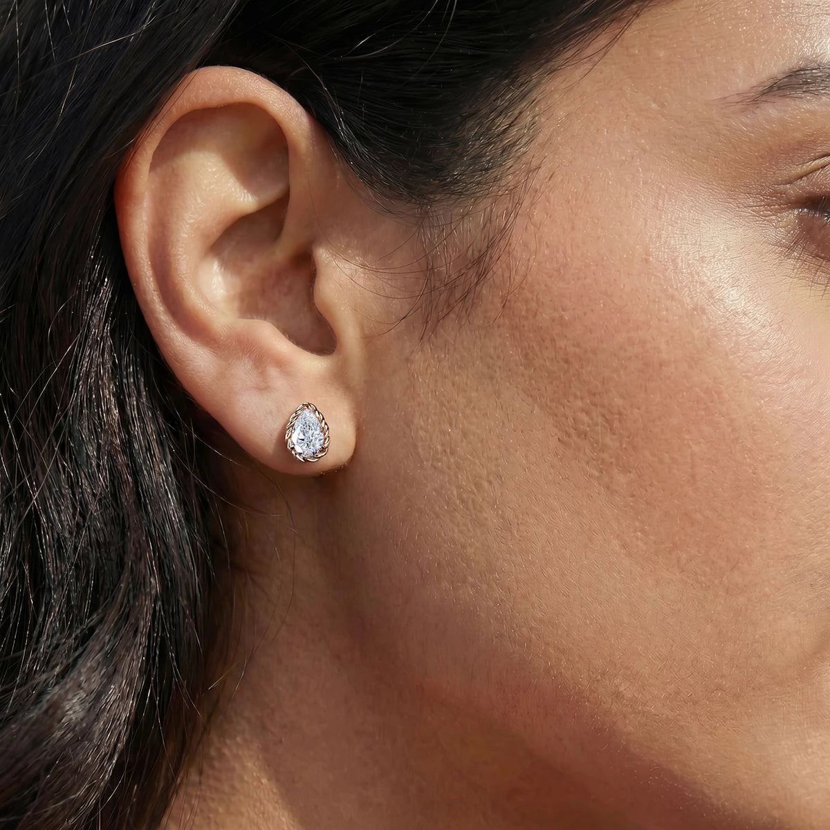 Pear Cut Diamond Stud Earrings | Earthly Jewels | Model Image