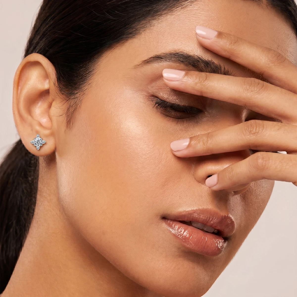 Round Cut Diamond Flower Cluster Stud Earrings | Earthly Jewels | Model Image