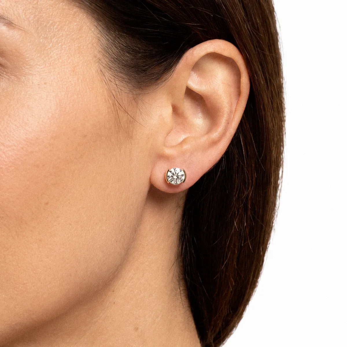 Round Shape Diamond Stud Earrings with Half Bezel Setting | Model Image